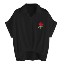 Womens Rose Embroidery T-Shirt Ladies Flower Printing Blusas Sexy V Neck Short Sleeve Shirt Women Pocket Elective shirt - rjas10coolstuff