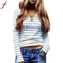 100% Cotton T-Shirt 2017 Fashion Women Black and White Stripe Long Sleeve Casual Tops Bandage Shirt Women - rjas10coolstuff