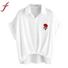 Womens Rose Embroidery T-Shirt Ladies Flower Printing Blusas Sexy V Neck Short Sleeve Shirt Women Pocket Elective shirt - rjas10coolstuff